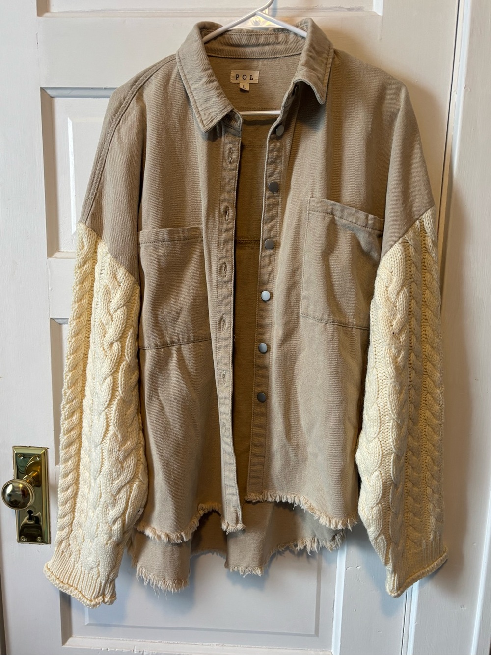 POL Two-Tone Utility Shacket with Cable-Knit Cream Sleeves